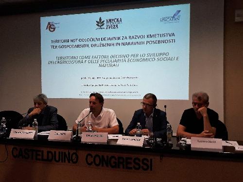 L'assessore regionale alle Risorse agricole e forestali Stefano Zannier al convegno organizzato al castello di Duino dalla Kmečka zveza - Associazione agricoltori sul "Territorio come fattore decisivo per lo sviluppo dell'agricoltura e delle peculiarità economico-sociali e naturali"